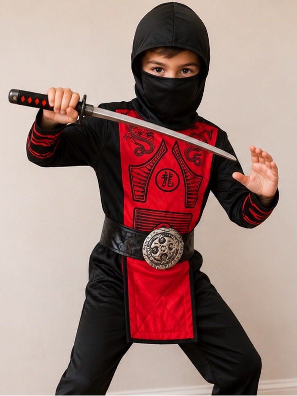 Kids Red & Black Dragon Ninja Costume Hooded Top & Belt Size Youth M 8-10